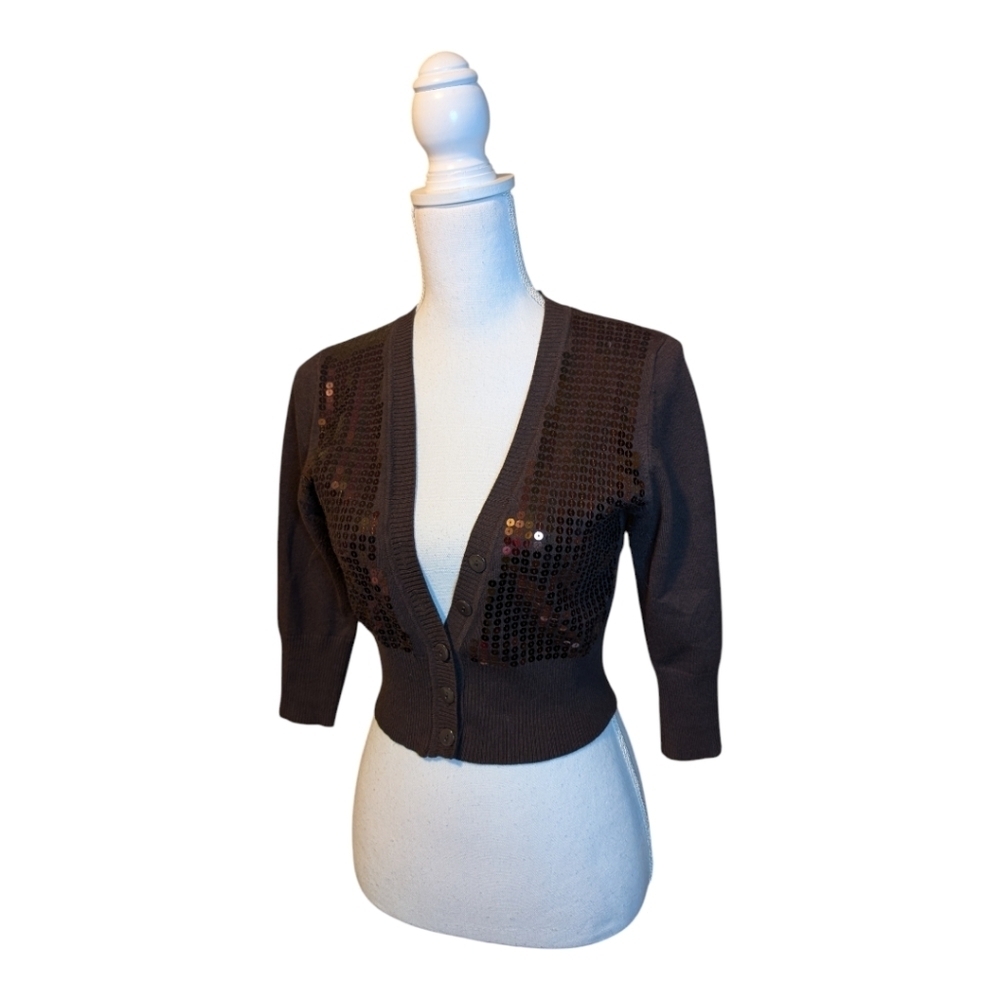 Say What? Brown Sequined Cropped Cardigan XL